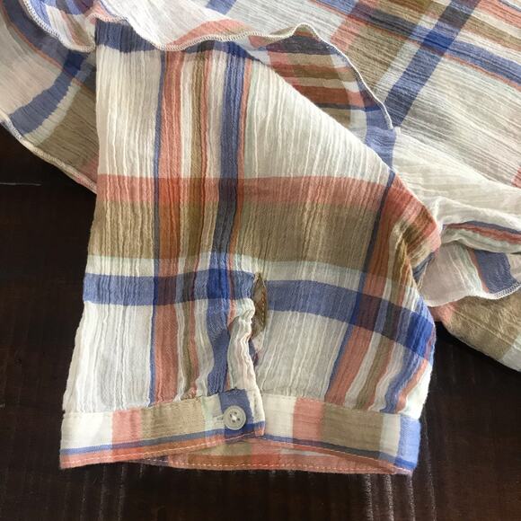 Madewell V Neck Shoulder Ruffle Top Blouse Shady Plaid Rusted Tin Small EUC - Picture 10 of 11